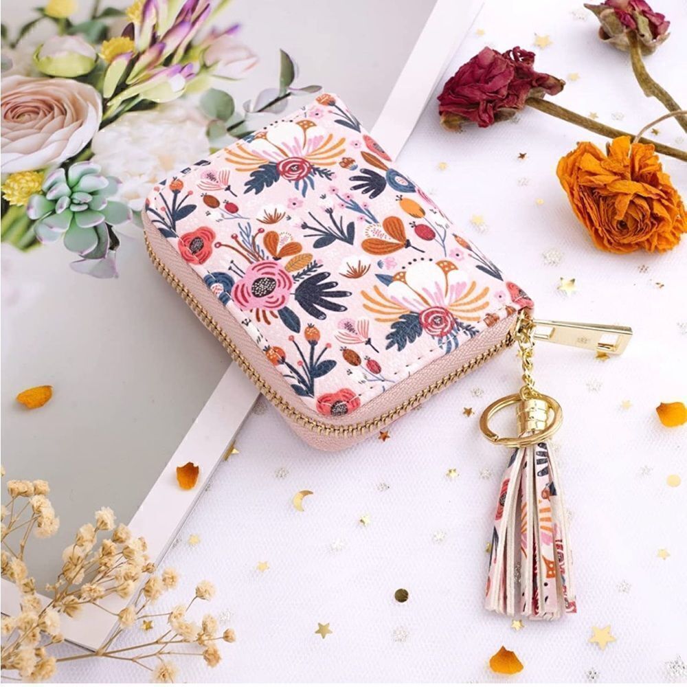 Pink Floral Leather Compact Wallet